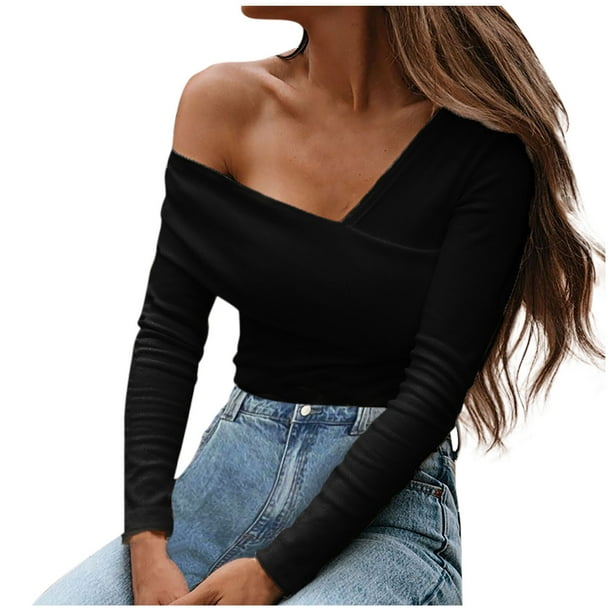 Camisas Para Mujer, de Gran Tamaño, Holgadas, Informales, de Manga Larga, Con Cuello Torcido Sólido, Blusa Informal, Camisetas Sin Tirantes Odeerbi ODB133449