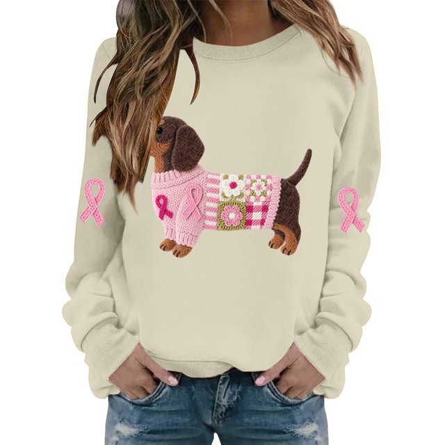 Jindong Women's Dog Ribbon Breast Cancer Awareness Print Sweatshirt