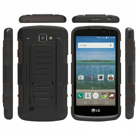 for 4.5" LG K4 LTE LG REBEL Case Holster Phone Case Belt Clip 2 Kick Stands Grip Pads Hybrid Armor Shock Shield Bumper Cover Black CASE ONLY