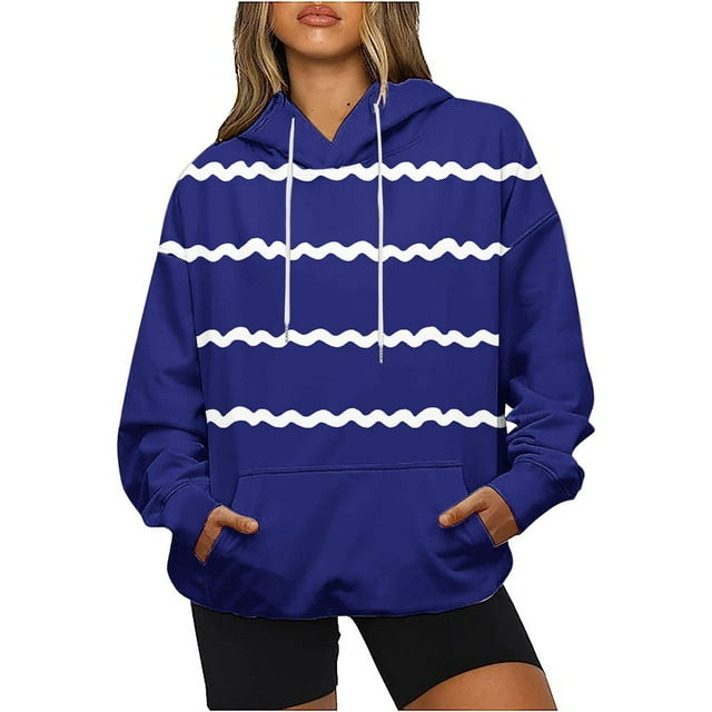 Rbaofujie Chandails à Capuchon pour Filles Chandails à Capuchon pour Femmes Imprimés Amples avec Poches Ajusté à Manches Longues Haut de Sport Chandails Bleu Mignons