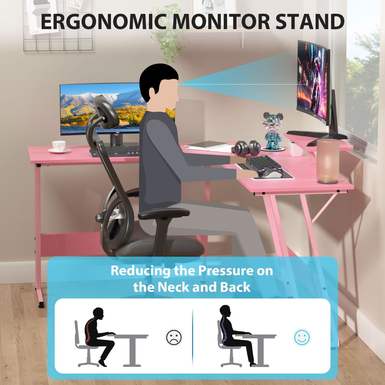 YRLLENSDAN 50 Inch L shaped Corner Gaming Desk, Adjustable Computer Desk with Large Desktop, Home Office Desk with Monitor Stand, for Home and Work Place, Pink