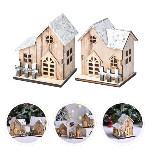 2PCS Wooden Christmas Houses Luminous Gingerbread House Christmas Decor Tiny Ornaments 3.7X3In