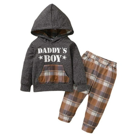 

Toddler Baby Boys Jogger Sweatsuit Long Sleeve Letter Print Hoodie+Plaid Pants Pullover Sweatshirt Trousers Tracksuit Outfits
