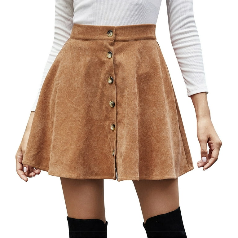 Hanas Skirts Women s Button Down Casual Fashion Flared A Line Solid Color Corduroy Button High Waist Skirt Khaki XL Walmart