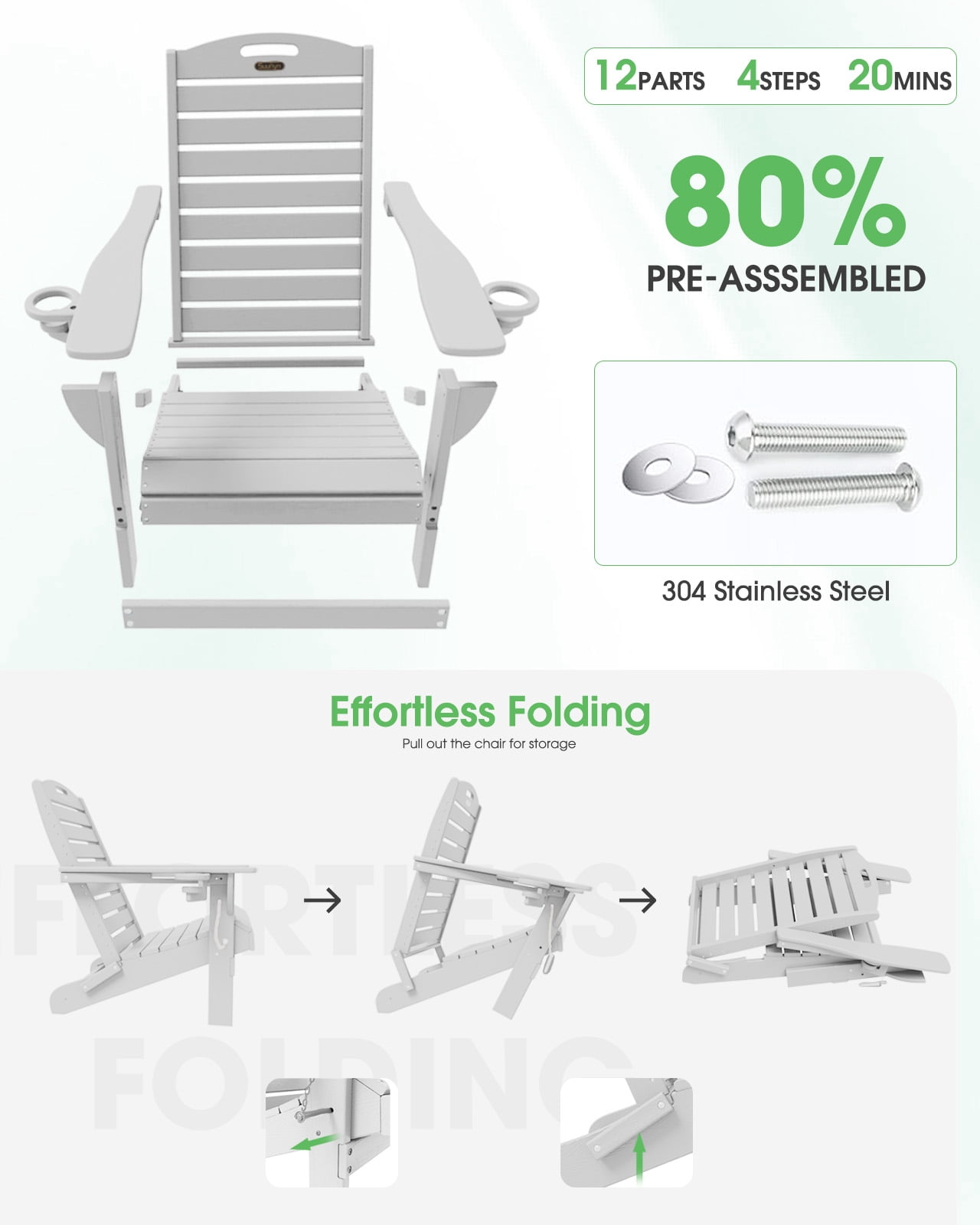 Folding HDPE Adirondack Chair, Weather Resistant Outdoor Fire Pit Patio Chair, White
