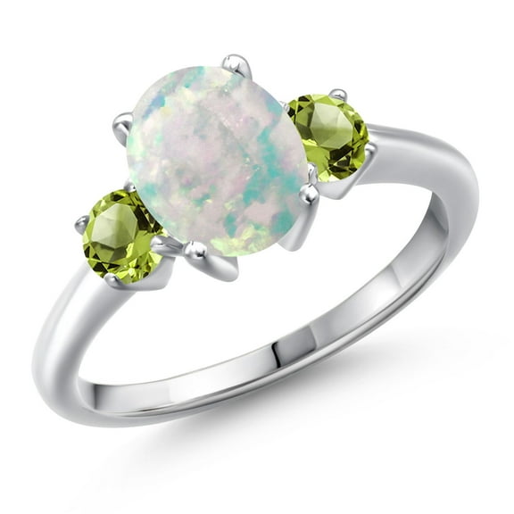 Gem Stone King 925 Sterling Silver Simulated White Opal and Green Peridot Engagement Ring for Women | 1.60 Cttw | Oval Cabochon 9X7MM | Gemstone October Birthstone | Size 7