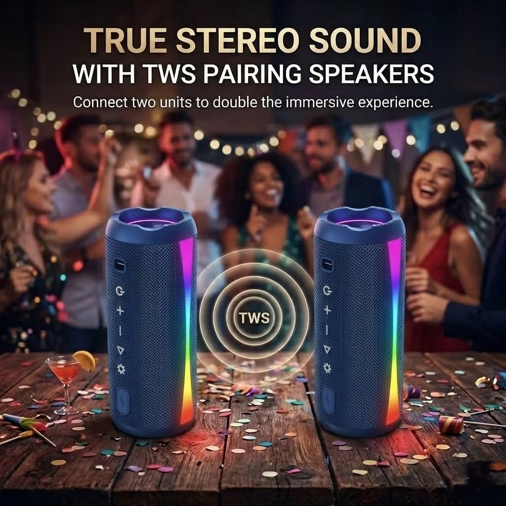Portable Bluetooth Speaker, Bluetooth 5.4 Wireless Speaker, IPX7 Waterproof, 20H Palytime with 30W Loud Deep Bass, 7 Color RGB Lights, TWS Pairing for Home/Party/Outdoor, Gift