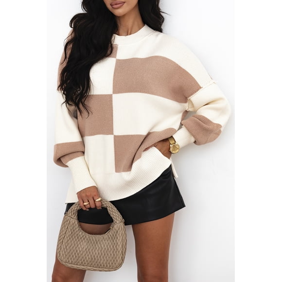 FOLUNSI Bold Khaki Plaid Sweater – Oversized Fit with Side Slits