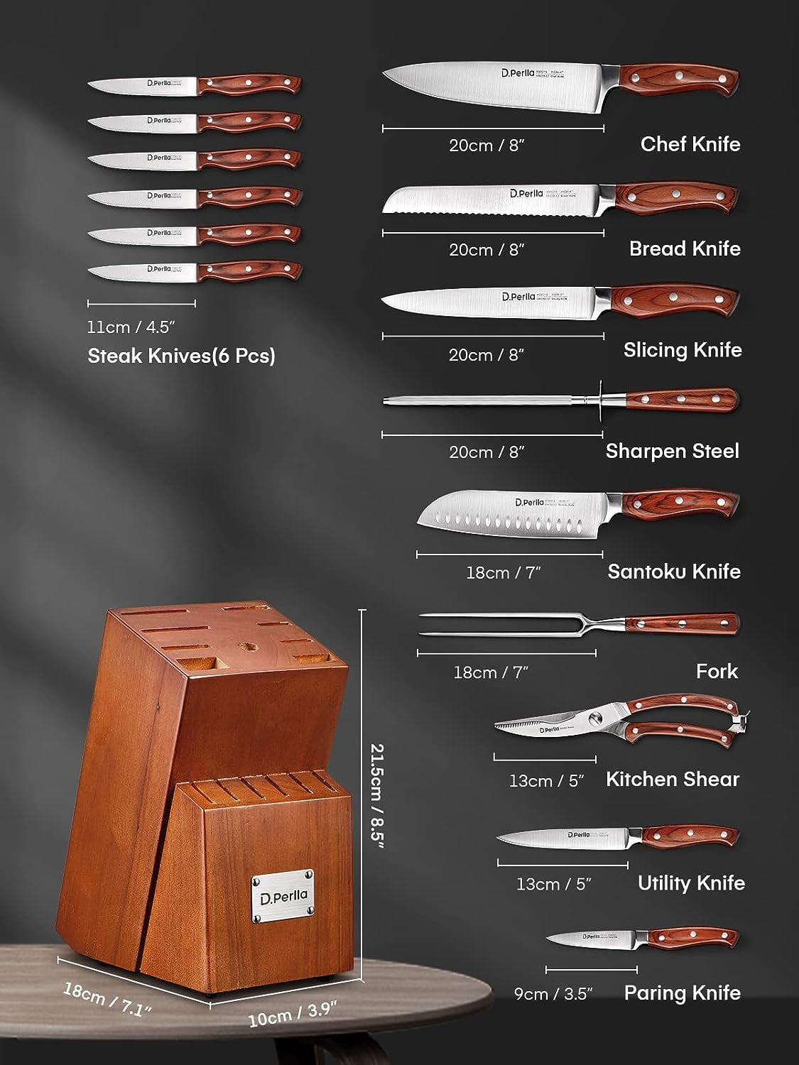 Knife Set, D.Perlla 14 Pieces Knife Block Set with Sharpener, Stainless  Steel kitchen Knives with Unique Waved Pattern, Triple Riveted Ergonomic