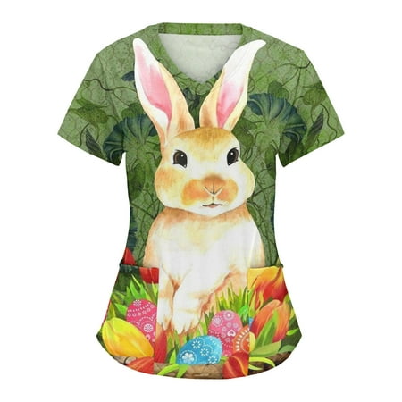 

Women Scrubs Top Bunny Printed Easter Day Printed Short Sleeve V Neck Holiday Fun Patterned T Shirt With Pocket Spring Summer Daily Nursing Uniforms Nursing Care Working Uniforms