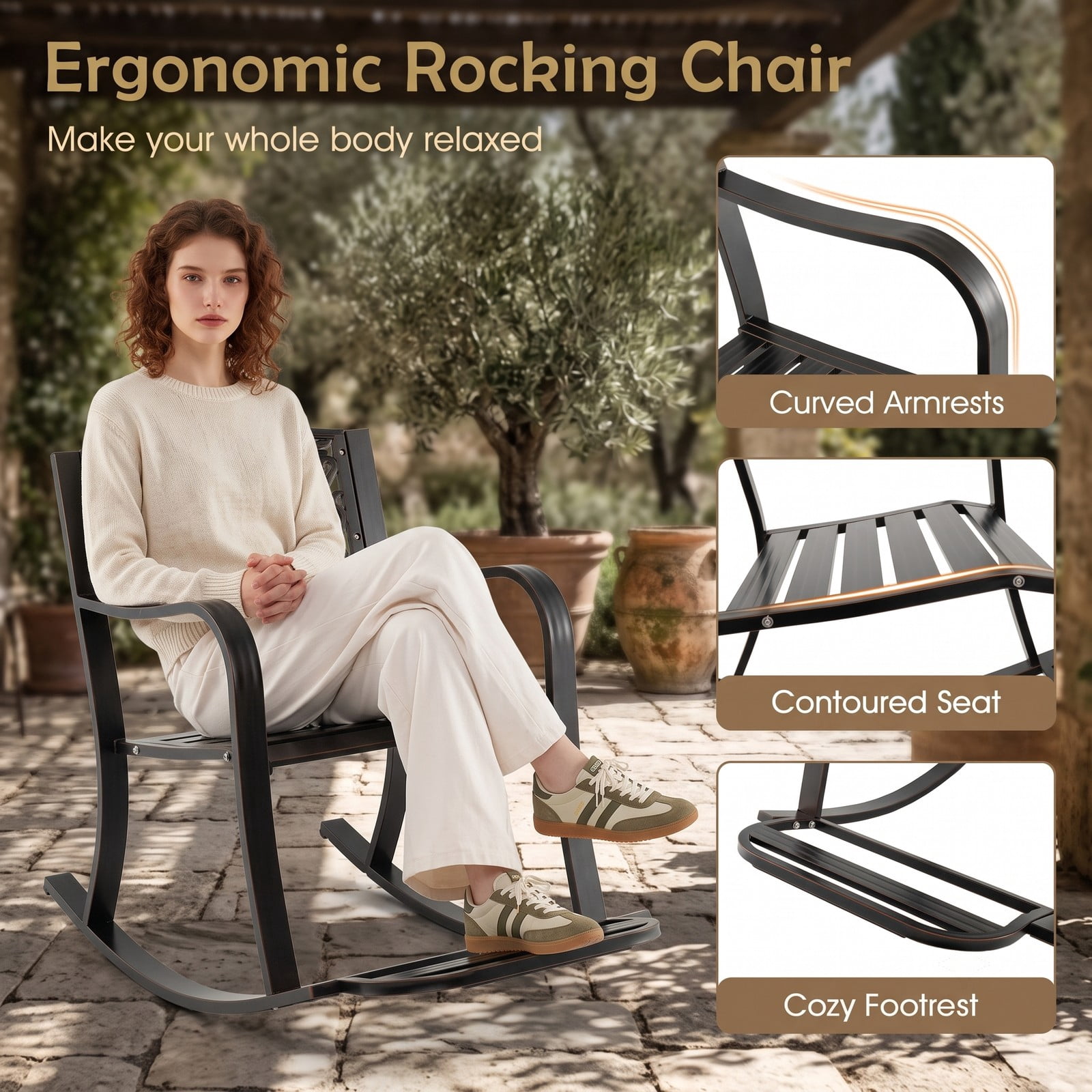 Furnibear Patio Rocking Chair with Cast Aluminum Frame, Floral Backrest and Curved Armrests for Backyard and Porch, Brown