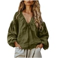 thumbnail image 3 of Tqcoqu Women's Linen Blend V-Neck Gathered Puff Long Sleeve Casual Blouse,Army Green Women's S-XXL, 3 of 7