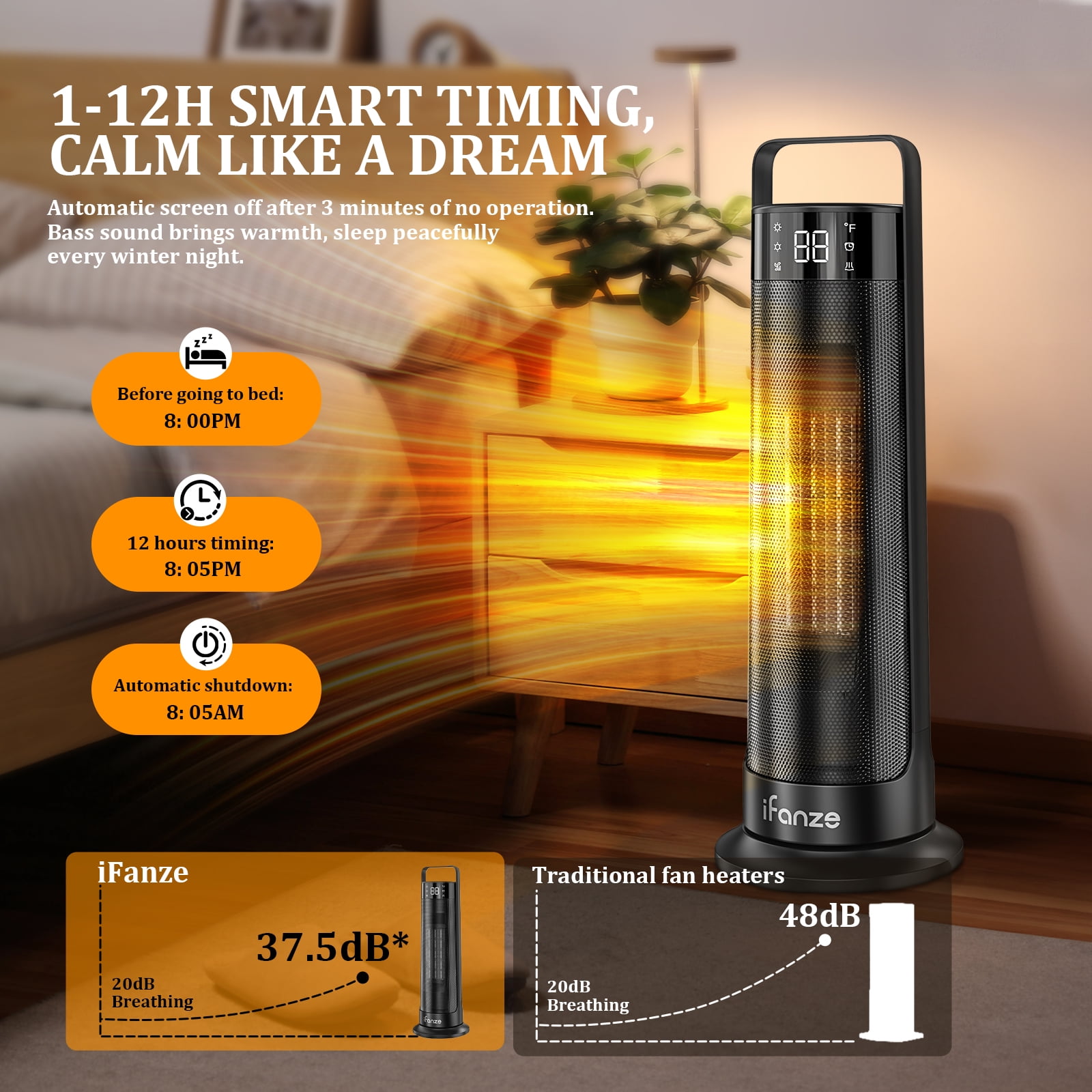21" Space Heaters for Indoor Use, 1500W Fast Heating 50° Oscillating Portable Electric PTC Ceramic Heater, with Thermostat, Overheat Protection, 12H Timer, 3 Modes, Black