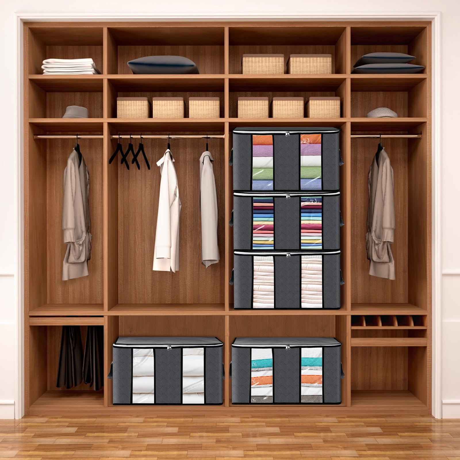 6 Pack Clothes Storage Bags Organizers, Large Closet Storage Bags with Reinforced Handle, Foldable Clothes Storage Bags Closet Organizers, Blanket Storage Bags for Bedding, Clothes-Gray