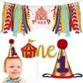 thumbnail image 1 of 3 piezas de artículos para fiesta de primer cumpleaños con temática de circo y carnaval: banderín colorido para pastel, gorro y decoraciones para el primer cumpleaños., 1 of 8