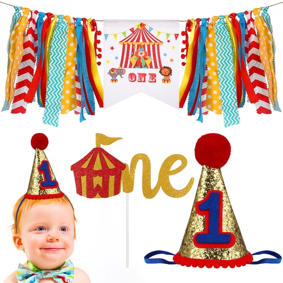 3 Pcs Baby Party Supplies for First Birthday Circus Carnival Theme Colorful Banner Cake Flag Hat One-year-old Birthday Decorations