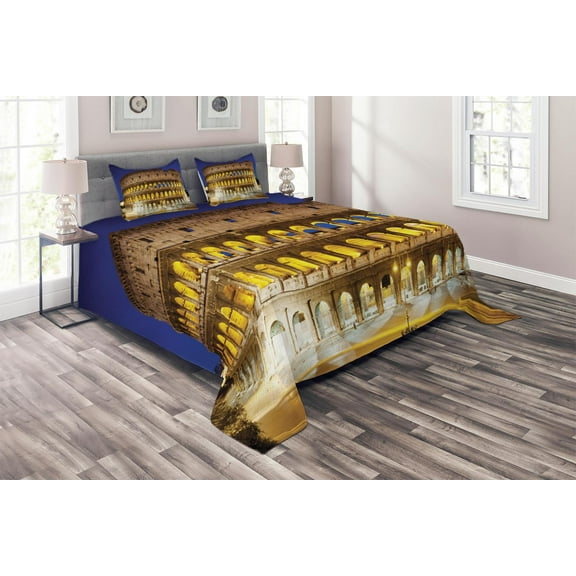 Ambesonne European Quilted Coverlet 3 Pcs, Historical Colosseum, Queen Size, Royal Blue Yellow Brown