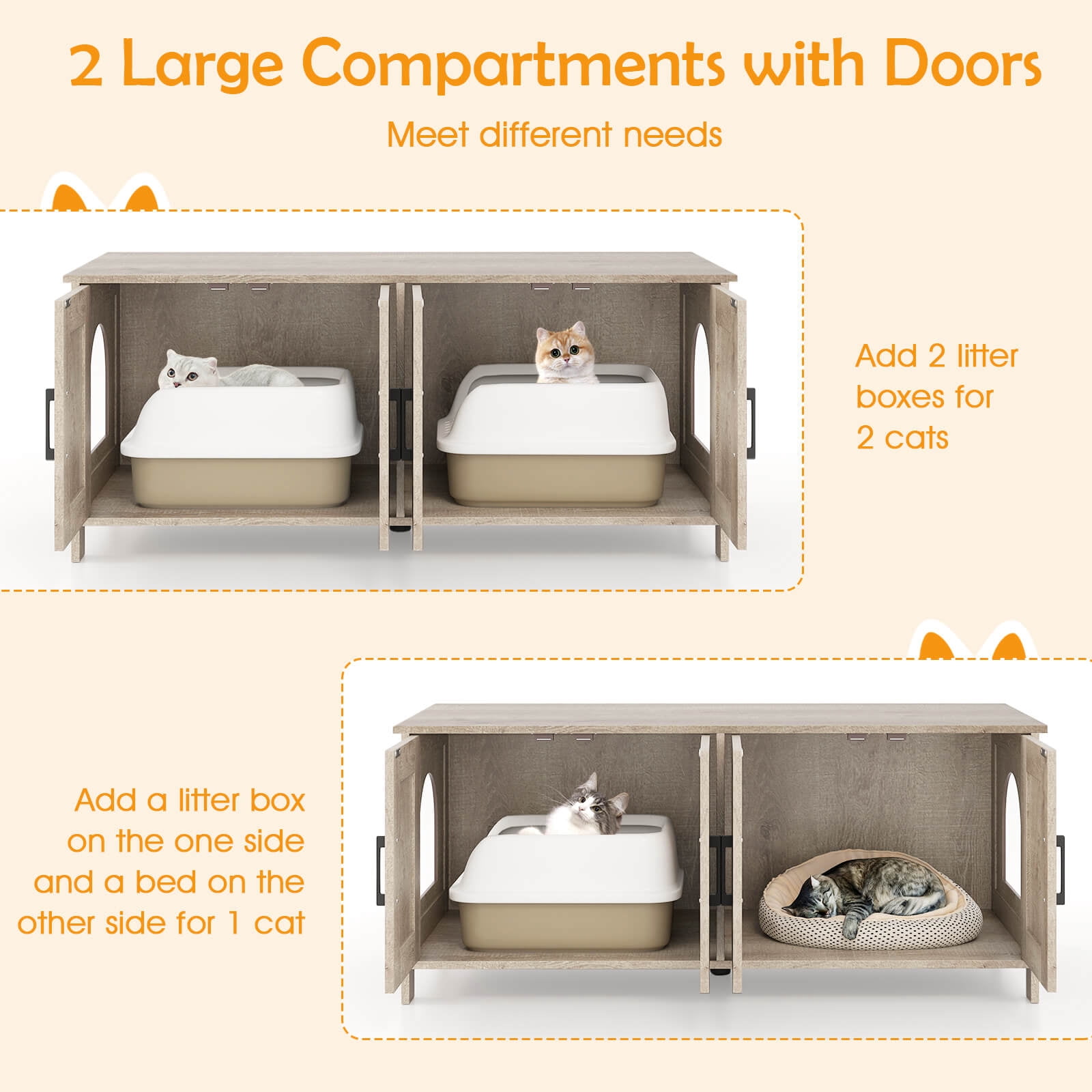 Infans Cat Litter Box Enclosure for 2 Cats w/ Double Rooms Wooden Cat Washroom Cabinet