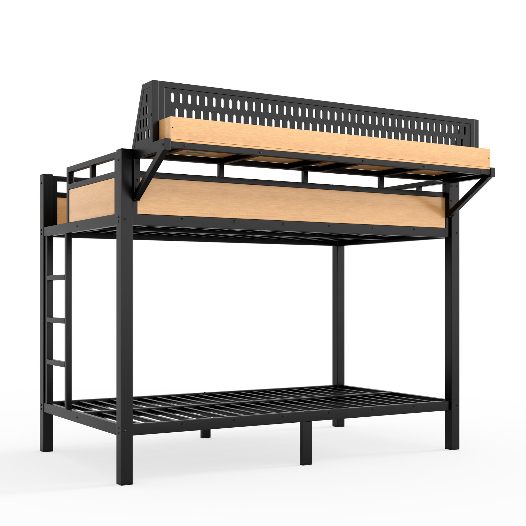 Leumius Metal Bunk Bed with Storage Shelves and Pegboard,Twin XL over Twin XL Size Bunk Bed Frame with USB Ports and LED Lights, Space-Saving,Natural