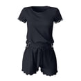 thumbnail image 4 of DYTTDG Women's Silk Short Sleeve Pajama Set | 2-Piece Ruffle Hem Top & Drawstring Shorts with Side Pocket, Solid Color Loungewear for Summer, 4 of 7