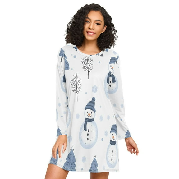 FORMRS Womens Long Sleeve Nightgowns Crew Neck Sleep Shirt Soft Pajamas Sizes S-3XL, Cartoon Snowmen