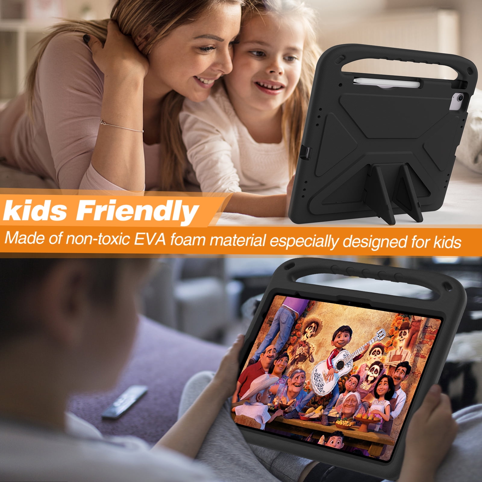 Dteck Case for iPad Air 11 Inch (M3/M2) 2025/2024, iPad Air 11 Inch Kids Case with Kickstand and Pencil Holder for Pencil Pro/USB-C, Lightweight EVA Shockproof Protective Cover for Boys Girls,Black