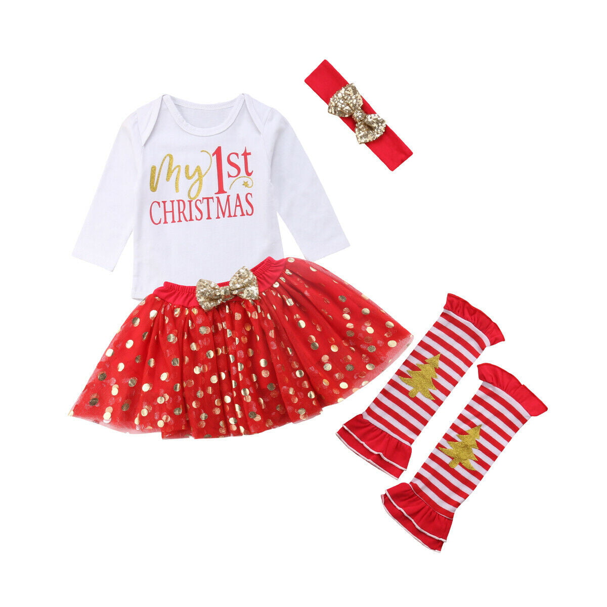 Baby Girl My First Christmas Day Romper Bodysuits Sparkle Dots Tutu Skirt Leg Warmers with Headband 
