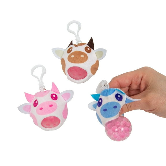 Fun Express Stuffed Cow Gel Bead Squeeze Toy Backpack Clip Keychains