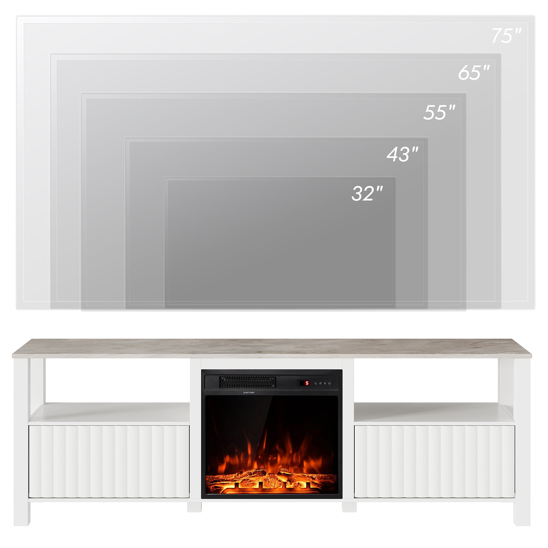 Fireplace TV Stand  for TV's up to 75 Inch, LED Entertainment Center for 80 inch TV with Electric Fireplace, 70 inch, White