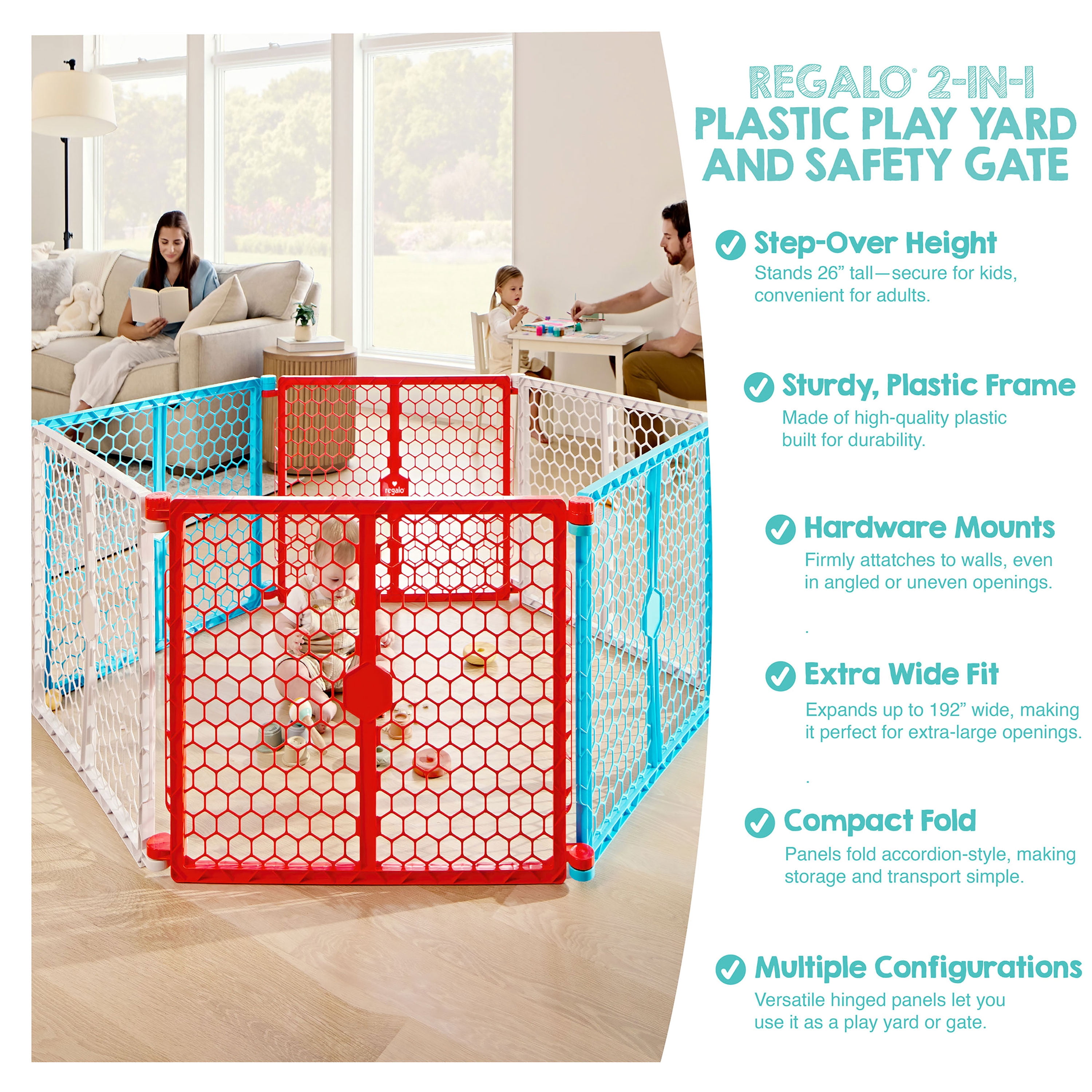 Regalo 2-in-1 Super Wide Baby Safety Gate and Play Yard, 192-Inch Coverage, Ages 6-24 Months, Red/White/Blue