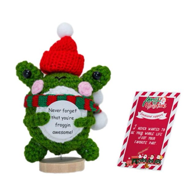 Ruifaya Bonita muñeca de ganchillo con pepinillos navideños y tarjeta positiva, muñeca de peluche de ganchillo con emociones, regalo de apoyo de ganchillo