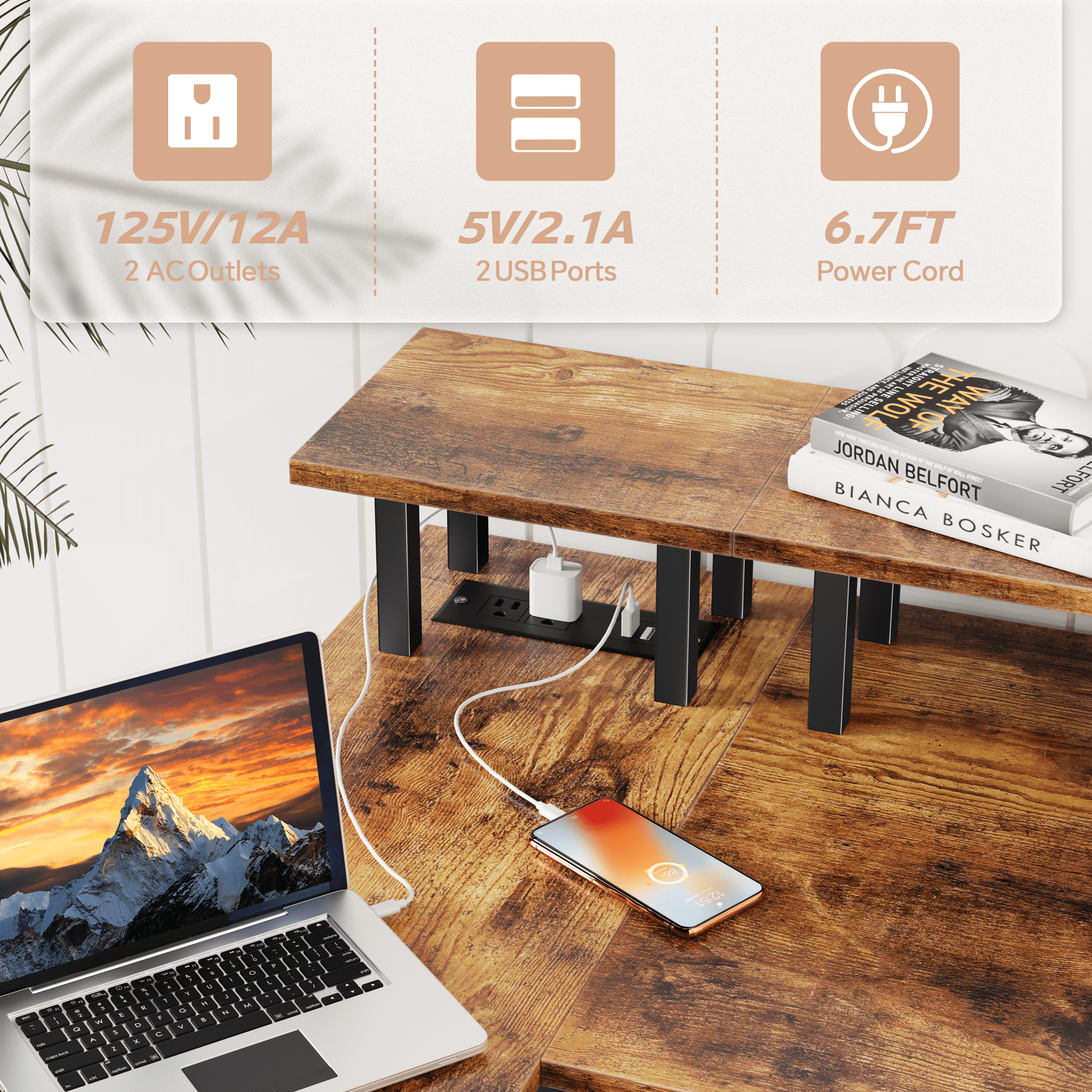 Mr IRONSTONE L-Shaped Desk with Power Outlets & Monitor Stand, 47 inch, Rustic Brown