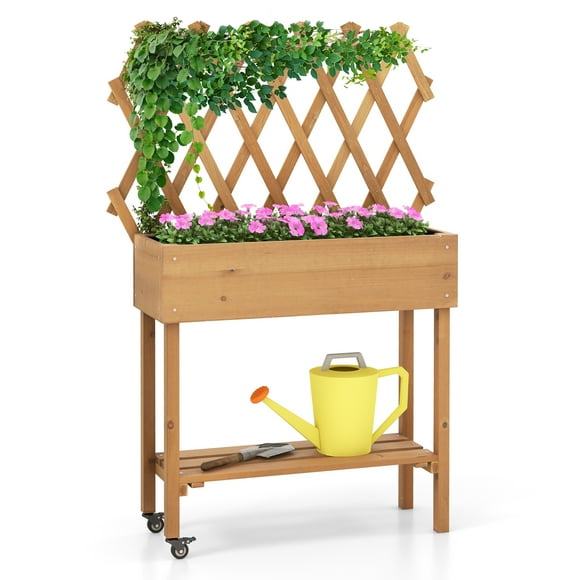 Topbuy Wooden Raised Garden Bed 36' x 12' x 51' Natural Fir Wood with Trellis and Storage Shelf