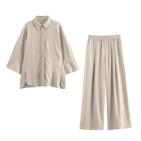 Long Sleeve Linen 2 Piece Sets For Women Plus Size Lapels Button Up Shirts And Drawstring Elastic Waist Wide Leg Pants Set,Khaki,L