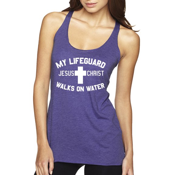 My Lifeguard Walks on Water Jesus Christ Bible | Womens Inspirational/Christian Premium Tri-Blend Racerback Tank Top, Purple Rush, Small