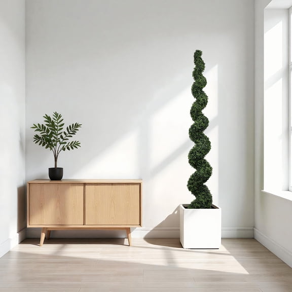 7FT Spiral Topiary Artificial Outdoor Faux Boxwood Tree in Planter - Green