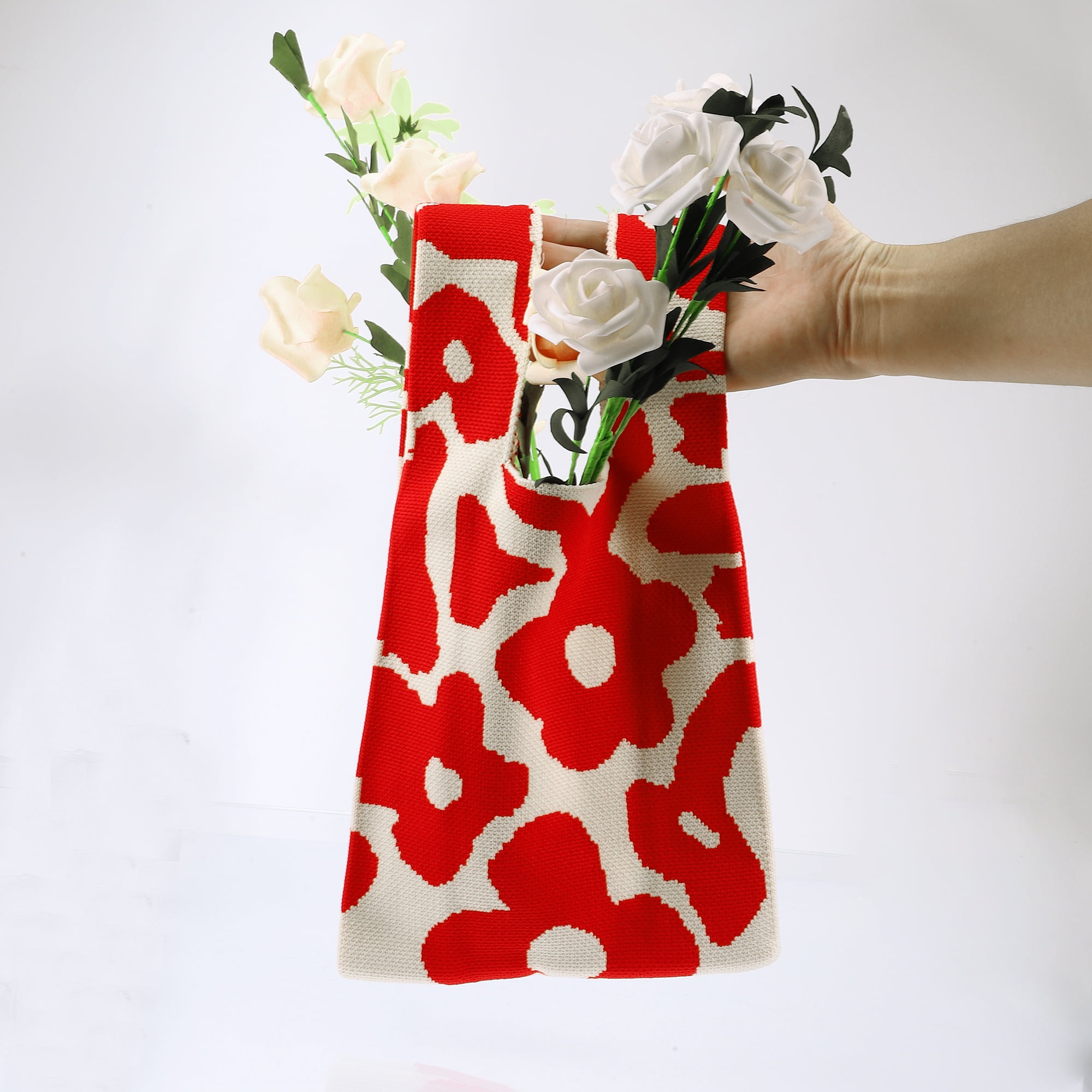 Unique Bargains Reusable Mesh Net Grocery Tote Bags Flowers Red Beige 14.17"x7.87"