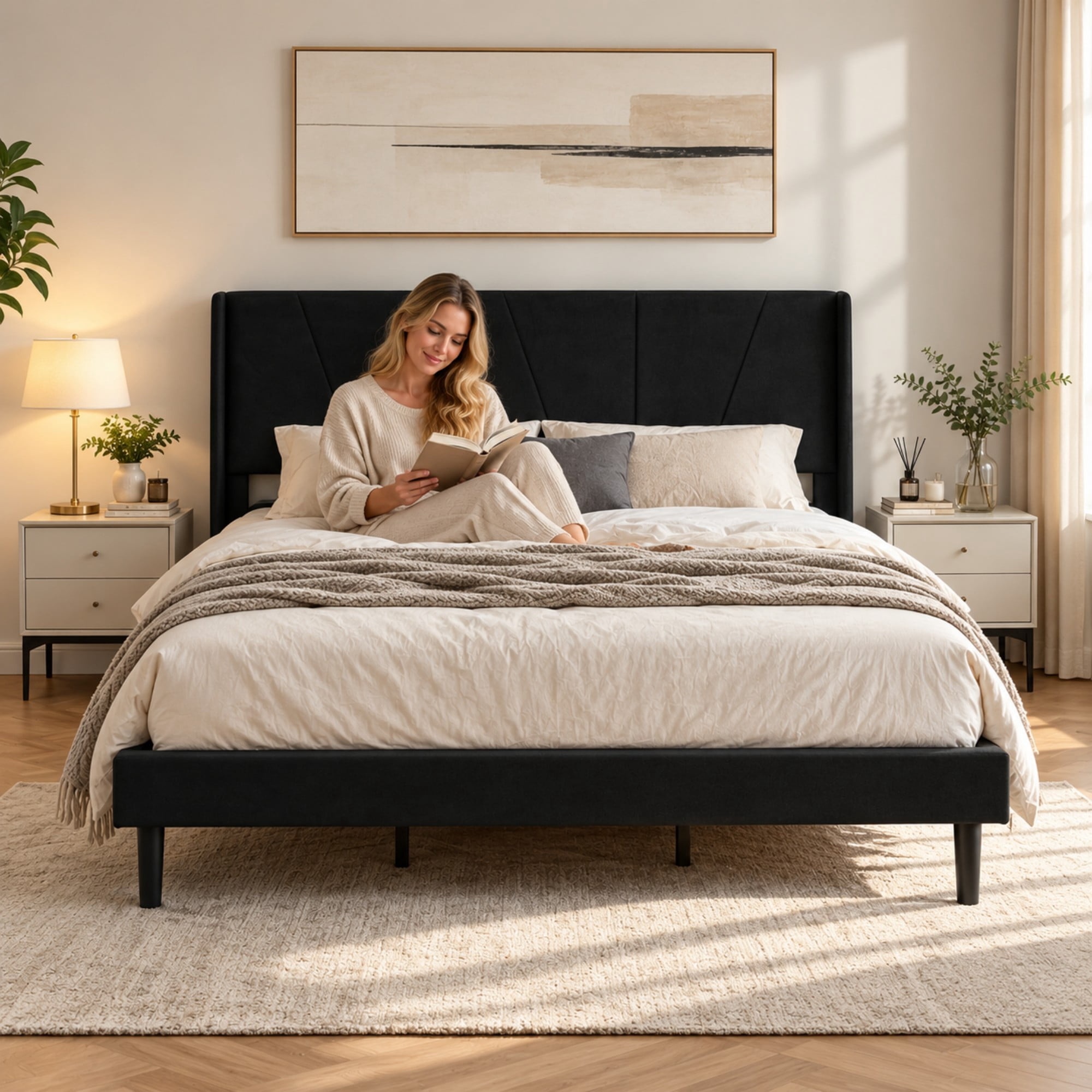 BSHTI Queen Size Velvet Platform Bed Frame with Adjustable Upholstered Headboard, Wood Slats, No Box Spring Needed for Bedroom（Black）