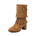 thumbnail image 5 of Tassel Mid Calf Dress Boots for Women 2025 Buckle Fringed Boho Side Zipper Chunky High Heel Short Boots, 5 of 7