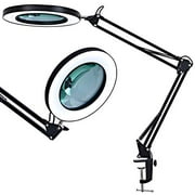 LED Magnifying Lamp with Clamp, 5" Super Large Diameter Real Glass Lens, 10 Levels Dimmable, 3 Color Modes, Adjustable Metal Swivel Arm Lighted Magnifier Light for Desk, Table, Craft, Workbench- 5X