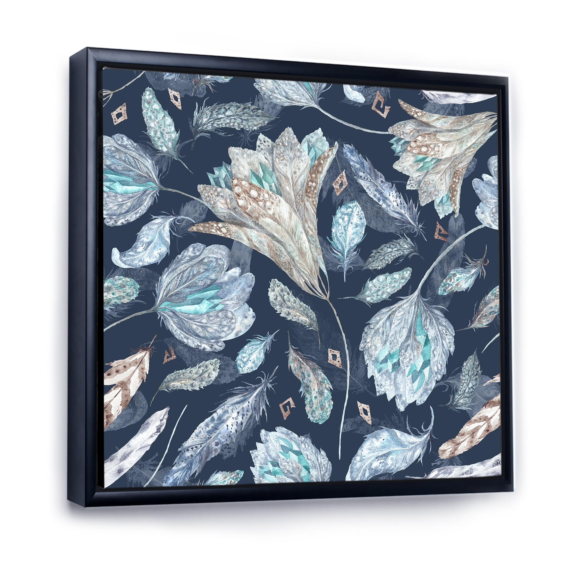 Designart 'Navy Blue Botanical Pattern With Feathers' Traditional Framed Canvas Wall Art Print