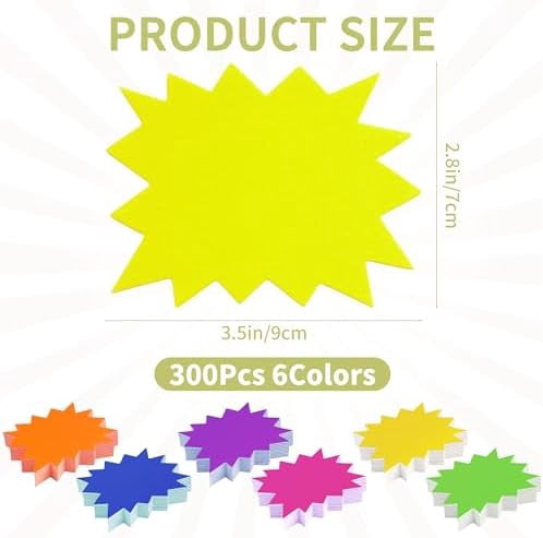 300 Pcs 3.5 * 2.8 Inch Fluorescent Starburst Signs for Retail, Garage Sale Tags, Sale Signs for Retail Store, Ample Quantity with 6 Colors