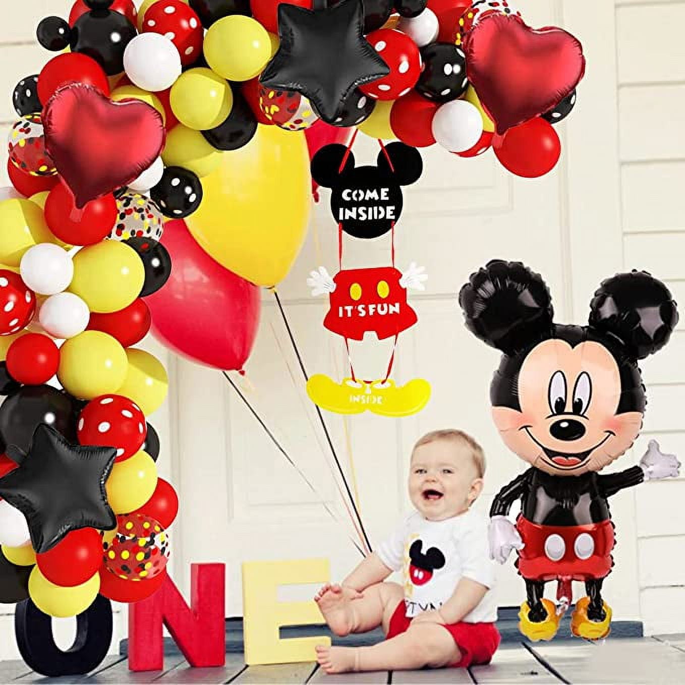 Mickey Mouse 1st Birthday Decorations, Balloon Arch Garland kit, Happy  Birthday Banner 45 Inch Giant Jumbo Mickey Mouse foil balloon, Door Sign  Cake & Cupcake Toppers Confetti & Mylar Balloons Tablecl 