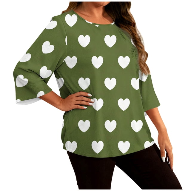 Staron T-Shirt Décontracté pour Femmes Grande Taille avec Imprimé Cœur, Manches Courtes, Col Rond, Haut Ample et Confortable, Vert G