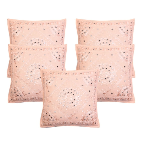 Stylo Culture Indian Decorative Throw Pillow Covers 16 x 16 Hand Embroidered Peach Bohemian 40cm x 40cm Home Decor Cotton Mirrored Square Cushion Covers | Set Of 5