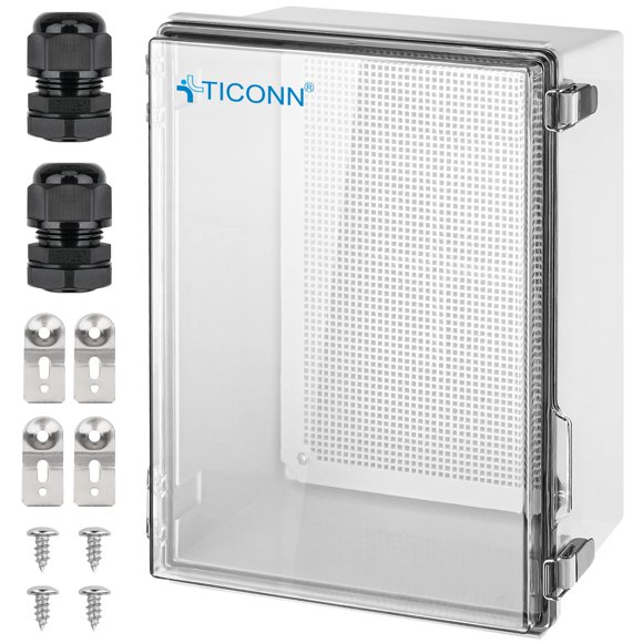TICONN Waterproof Electrical Junction Box IP67 ABS Plastic Enclosure with Hinged Cover with Mounting Plate, Wall Brackets, Cable Glands (Clear, 15.7"