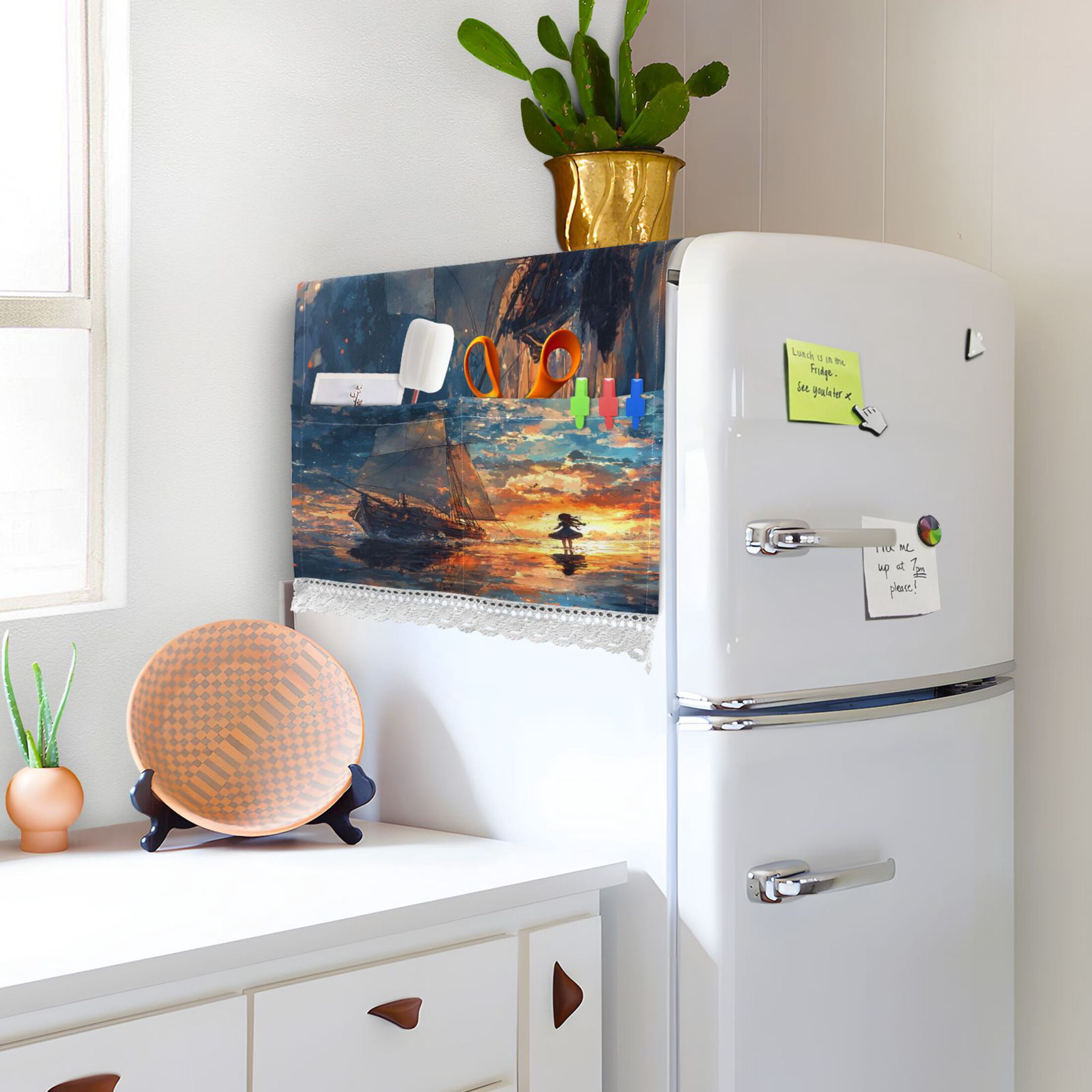 A Girl and SaiboatWasher and Dryer Covers Dust-Proof and Oil Resistant Fridge Cover with 4 Storage Pockets Washing Machine Top Cover for Laundry Kitchen Home 51.2 x 22 In