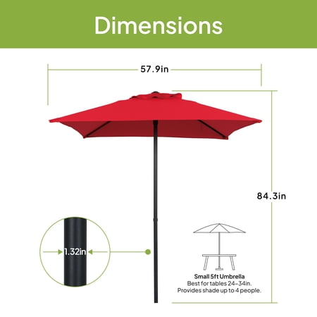 Mainstays Outdoor 5' Red Square Market Patio Umbrella, Push-Up Only Function