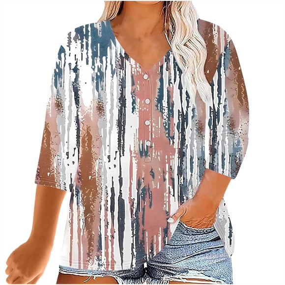 breaise Women's Plus Size Tops Casual Button V Neck Print T Shirts Summer Short Sleeve Blouse 2025 Summer Ofertas de moda