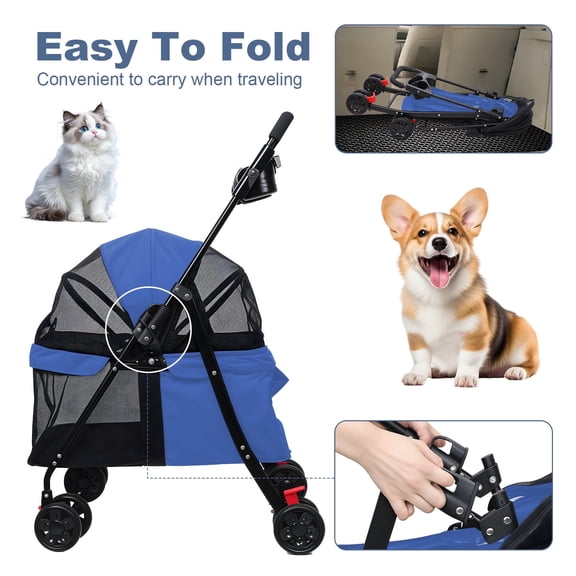 Baellsa 4 Wheels Foldable Pet Stroller for Small/Medium Dogs Cats, Outdoor Travel with Cup Holder & Visible Window